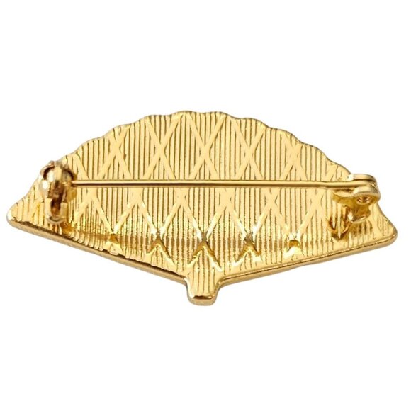 Damascene Fan Brooch Pin Bird Flower Pattern, J29 - Picture 3 of 5